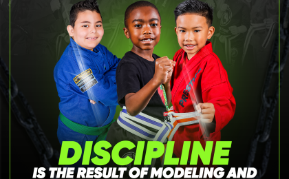 3 boys in karate poses showing good discipline