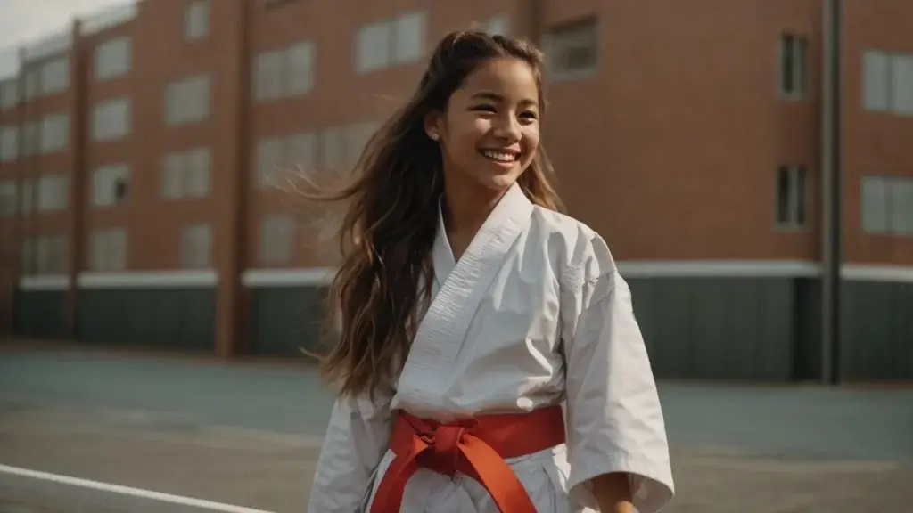a girl in a karate uniform smiling